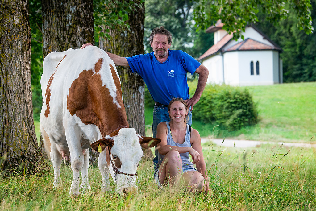 [Translate to Französisch:] Montbéliarde Kuh mit Mann und Frau